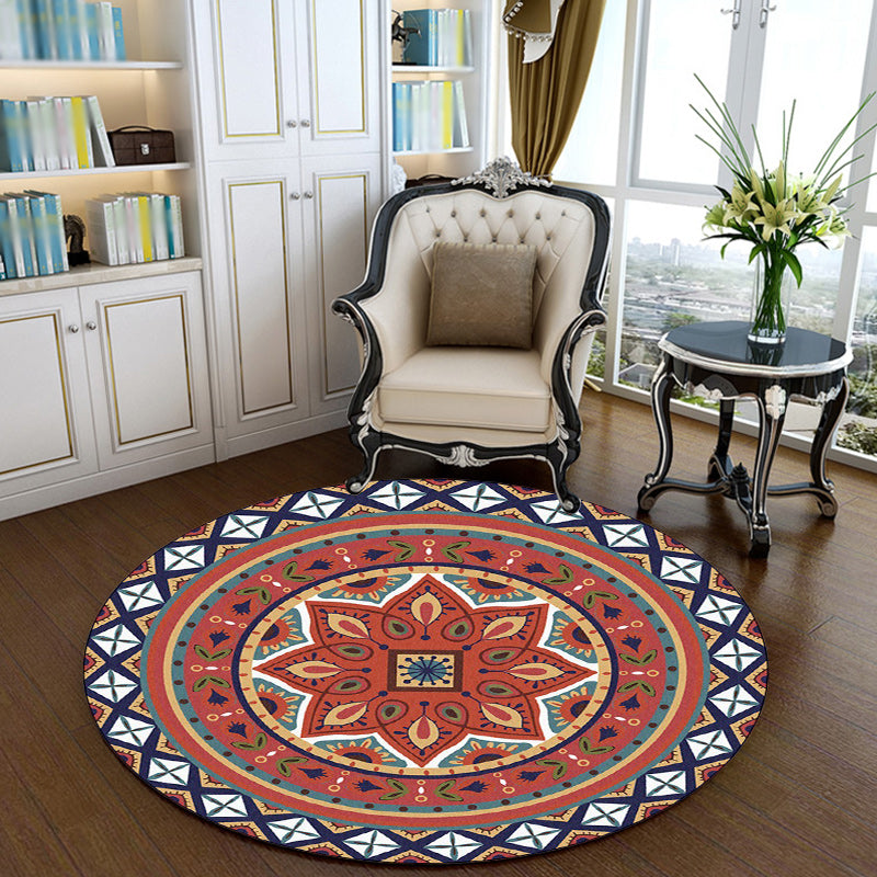 Persian Medallion Pattern Carpet Red Polyester Carpet Machine Washable Non-slip Carpet for the Bedroom