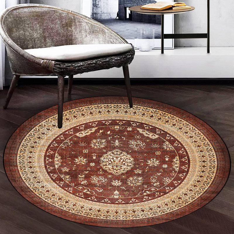 Persian Medallion Design Rug Brown Polyester Carpet Machine Washable Non-Slip Area Rug for Bedroom