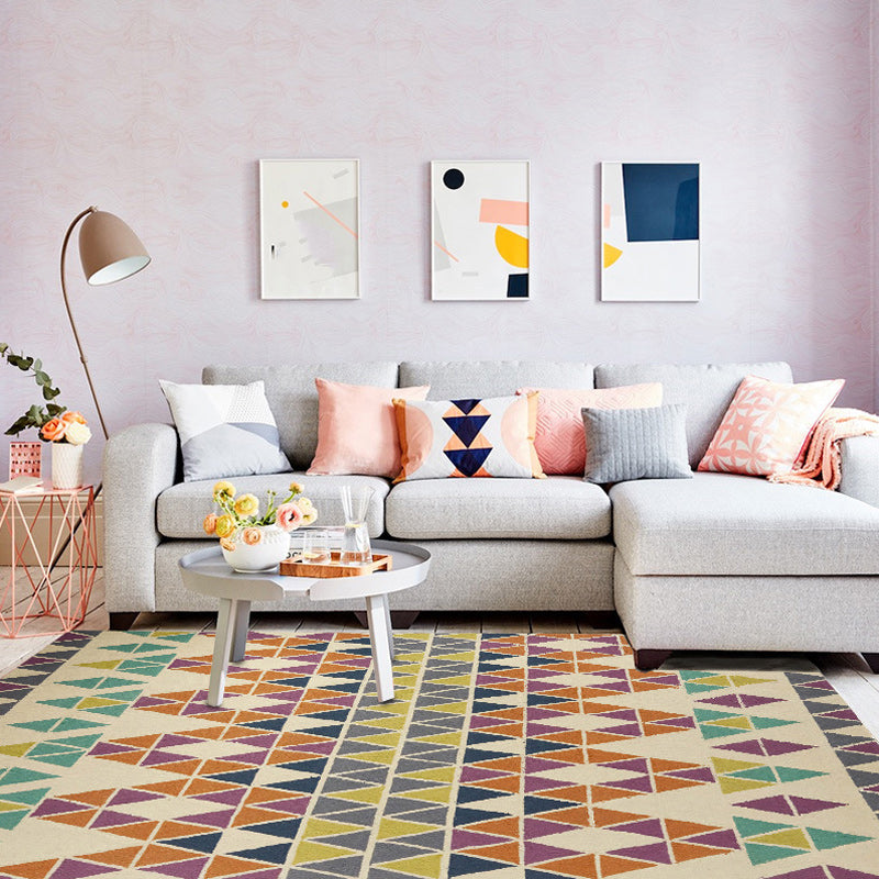 Southwest living room rug in ivory colored geometric triangle print rug machine washable polyester carpet