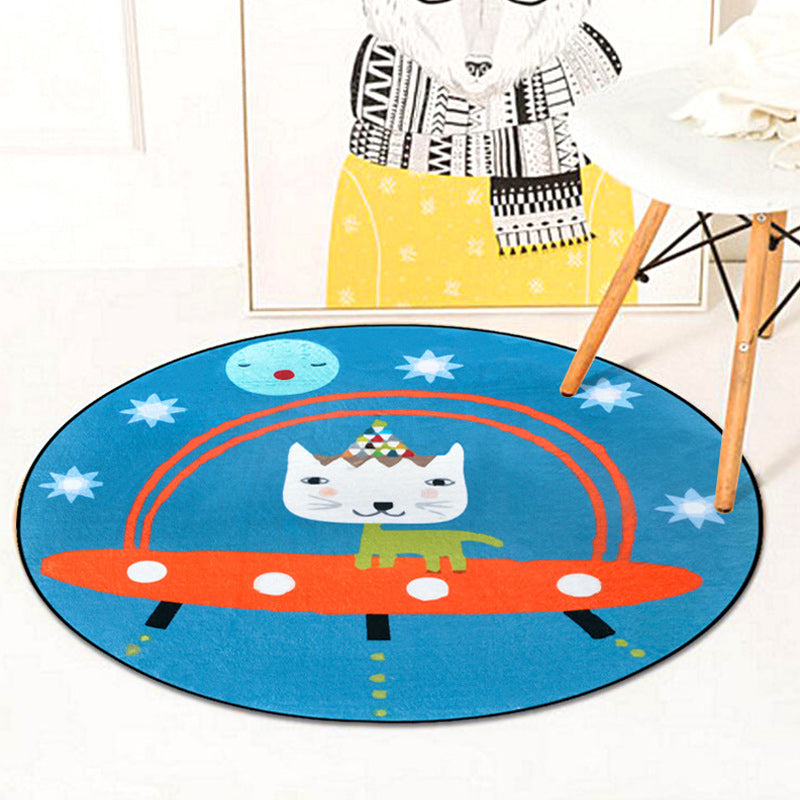 Beautiful children's rug in blue animal cat spaceship pattern rug polyester anti-slip mat rug for the children's room