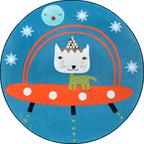 Beautiful children's rug in blue animal cat spaceship pattern rug polyester anti-slip mat rug for the children's room