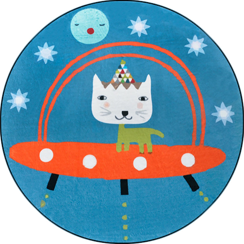 Beautiful children's rug in blue animal cat spaceship pattern rug polyester anti-slip mat rug for the children's room