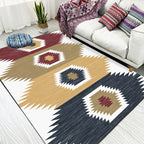 White and brown bedroom carpet with southwestern geometric pattern, area rug made of polyester with non-slip backing