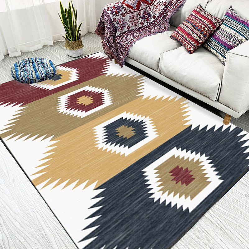 White and brown bedroom carpet with southwestern geometric pattern, area rug made of polyester with non-slip backing