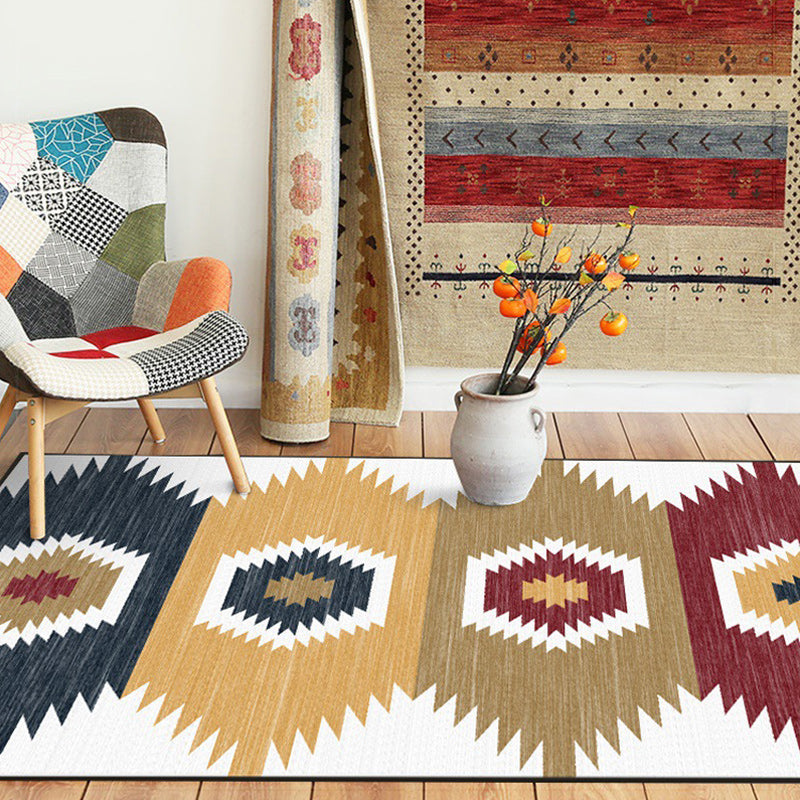 White and brown bedroom carpet with southwestern geometric pattern, area rug made of polyester with non-slip backing