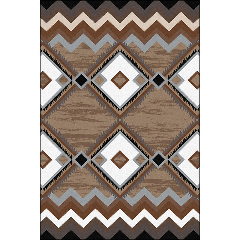 Brown Bedroom Carpet Southwestern Geometric Diamond Wave Pattern Area Rug Polyester Non-Slip Rug