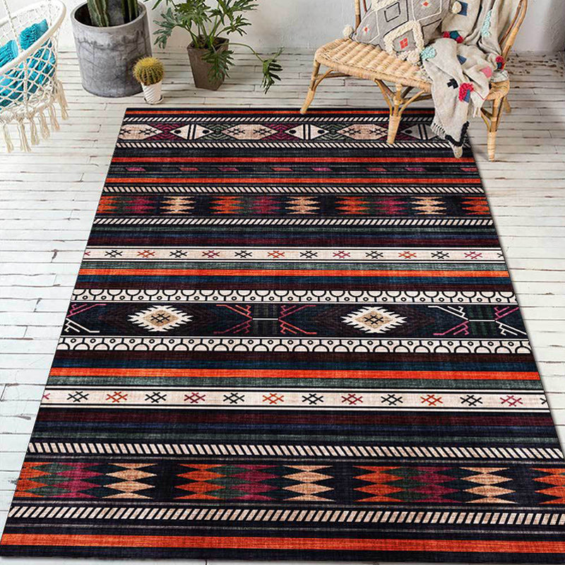 Tribal Southwest Rug in Black Geometric Stripe Pattern Rug Polyester Non-Slip Rug for Home Decor