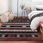 Tribal Southwest Rug in Black Geometric Stripe Pattern Rug Polyester Non-Slip Rug for Home Decor