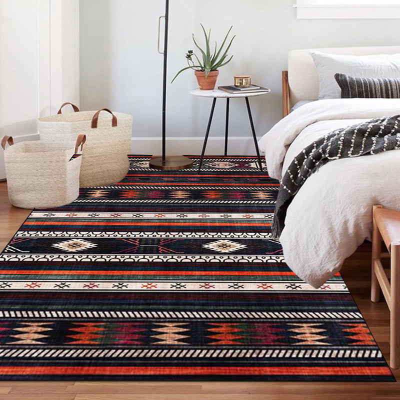 Tribal Southwest Rug in Black Geometric Stripe Pattern Rug Polyester Non-Slip Rug for Home Decor