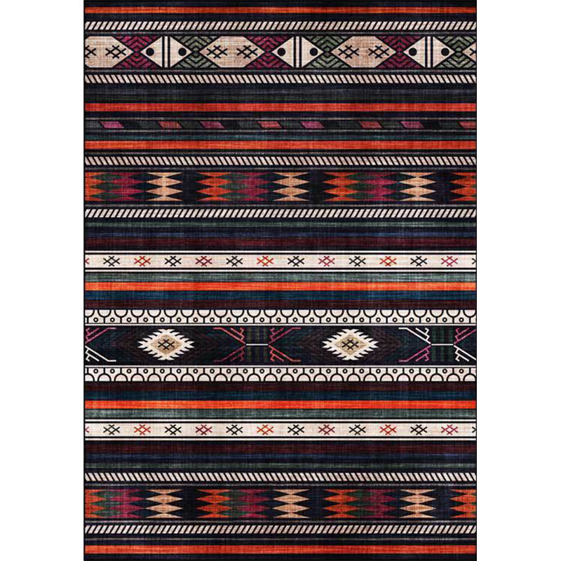 Tribal Southwest Rug in Black Geometric Stripe Pattern Rug Polyester Non-Slip Rug for Home Decor