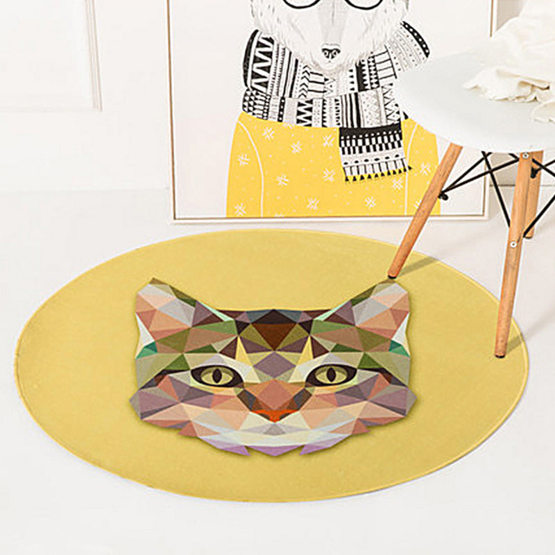 Green and Yellow Children's Room Carpet Children Animal Fawn Bear Wolf Cat Pattern Area Rug Polyester Non-Slip Back Carpet
