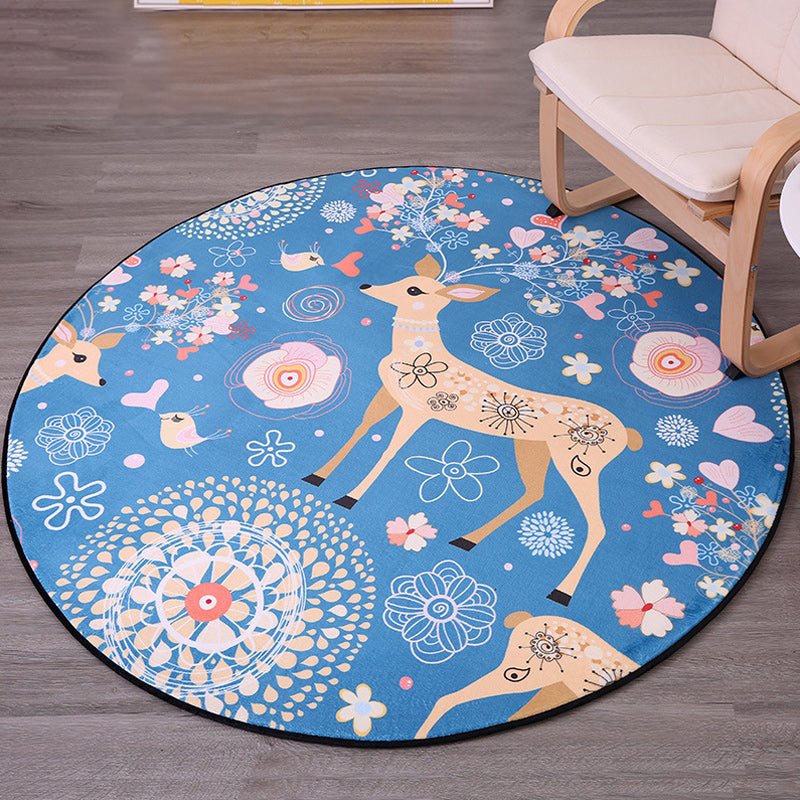 Children's room carpet in blue animal fawn floral pattern carpet polyester stain-resistant carpet