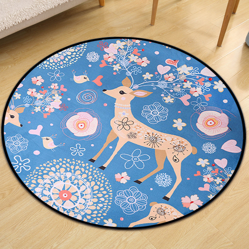 Children's room carpet in blue animal fawn floral pattern carpet polyester stain-resistant carpet