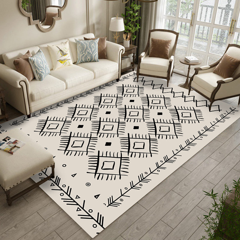 Classic Southwestern Pattern Carpet White Tribal Carpet Polyester Washable Non-Slip Back Carpet for Living Room