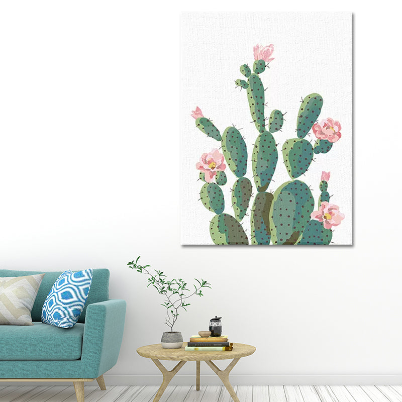 Green Cactus Flower Canvas Print Botanical Tropical Textured Wall Art for Home