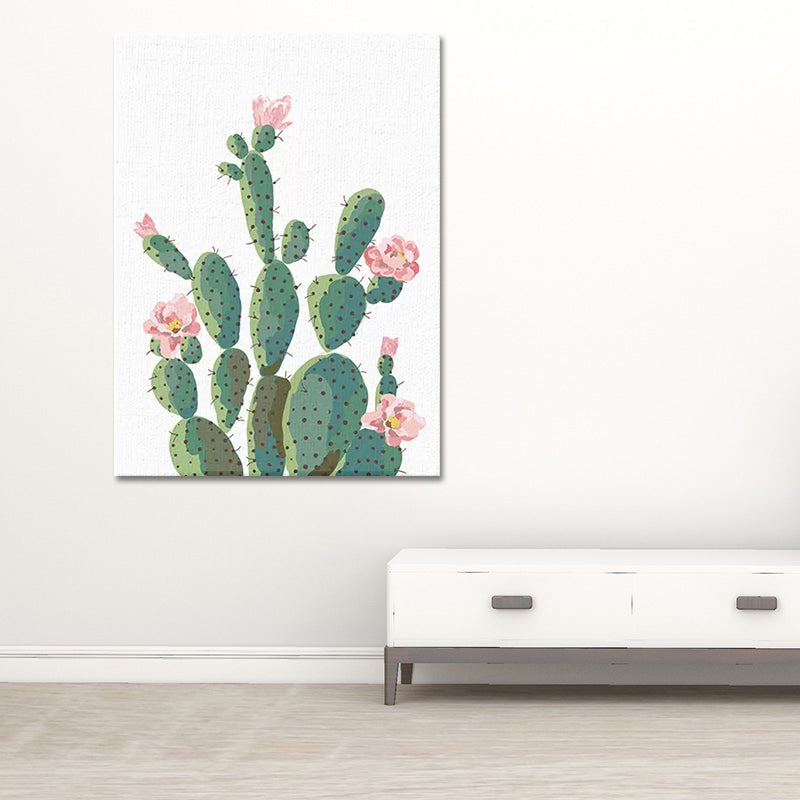Green Cactus Flower Canvas Print Botanical Tropical Textured Wall Art for Home