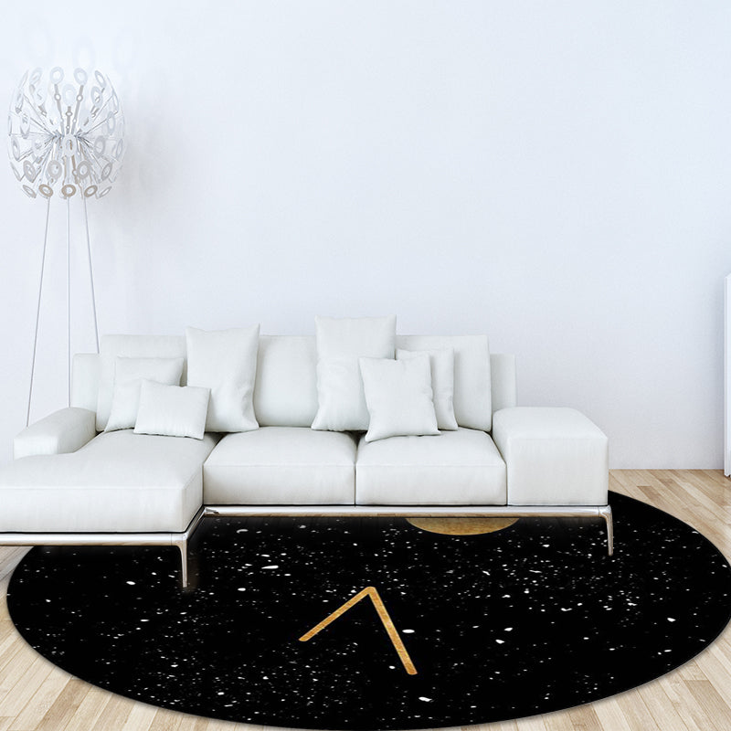Novelty Outer Space Print Rug Black Polyester Rug Washable Non-Slip Back Rug for Living Room