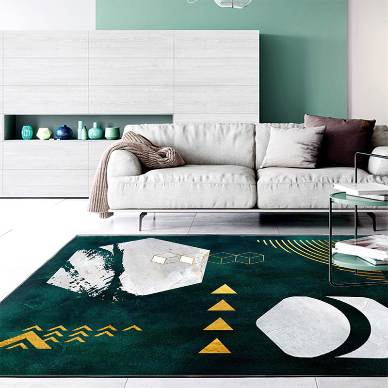 Novelty Geometric Print Area Rug Dark Green Polyester Rug Machine Washable Non-Slip Area Rug for Bedroom
