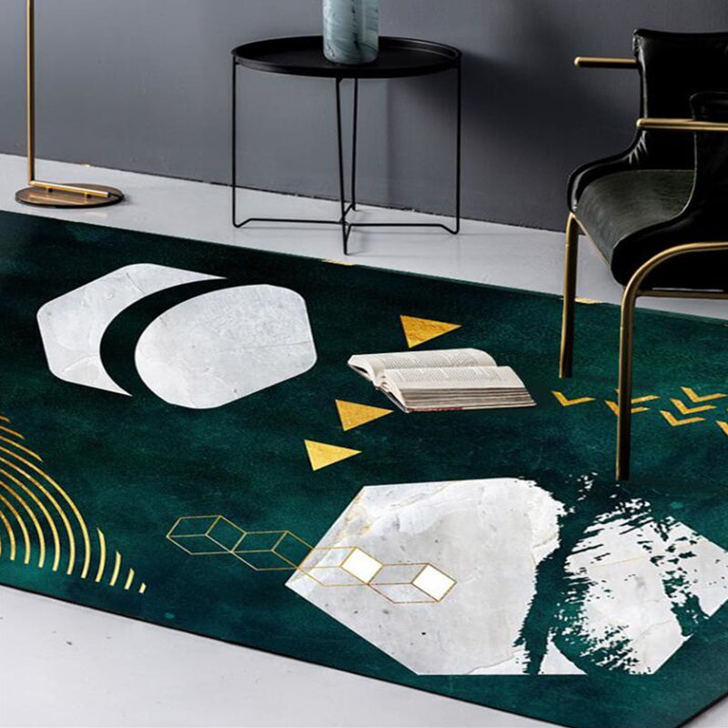 Novelty Geometric Print Area Rug Dark Green Polyester Rug Machine Washable Non-Slip Area Rug for Bedroom
