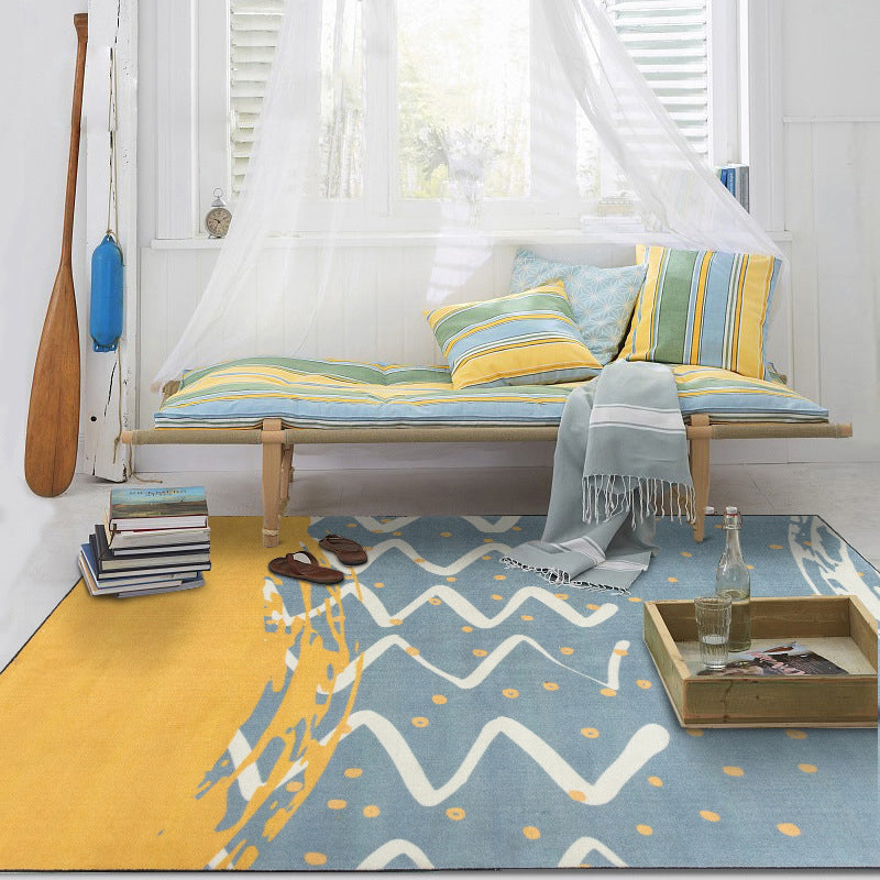 Minimalistic Novelty Area Rug in Blue and Yellow Geometric Dots Wave Pattern Area Rug Polyester Non-Slip Carpet for Home Decoration