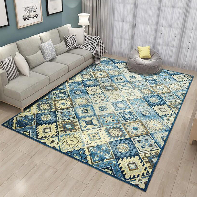 Moroccan Living Room Rug in Blue Diamond Print Rug Polyester Stain Resistant Non-Slip Area Rug