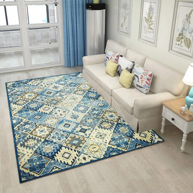 Moroccan Living Room Rug in Blue Diamond Print Rug Polyester Stain Resistant Non-Slip Area Rug