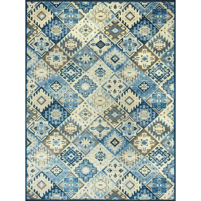 Moroccan Living Room Rug in Blue Diamond Print Rug Polyester Stain Resistant Non-Slip Area Rug