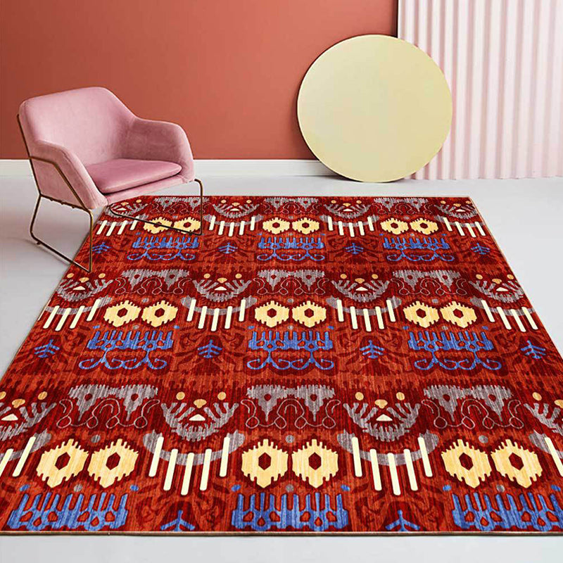 Southwest Living Room Rug in Red Tribal Print Rug Polyester Non-Slip Back Area Rug