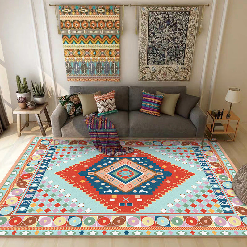 Blue and Orange Bedroom Carpet Moroccan Medallion Circle Diamond Pattern Carpet Polyester Non-slip Washable Carpet