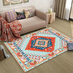 Blue and Orange Bedroom Rug Moroccan Medallion Circle Diamond Pattern Rug Polyester Non-Slip Washable Rug