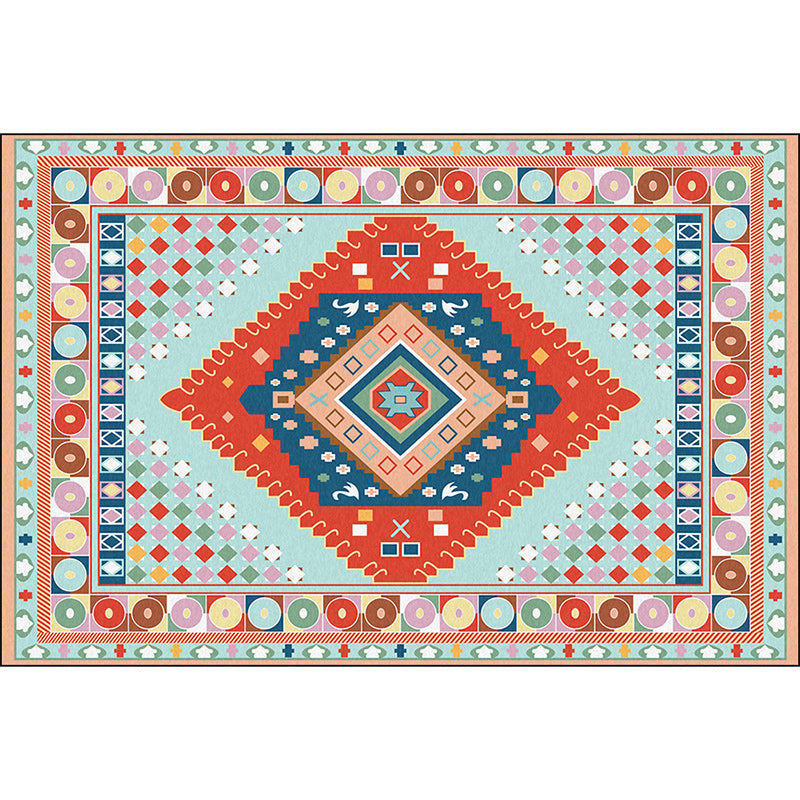 Blue and Orange Bedroom Rug Moroccan Medallion Circle Diamond Pattern Rug Polyester Non-Slip Washable Rug