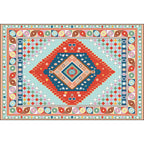 Blue and Orange Bedroom Carpet Moroccan Medallion Circle Diamond Pattern Carpet Polyester Non-slip Washable Carpet