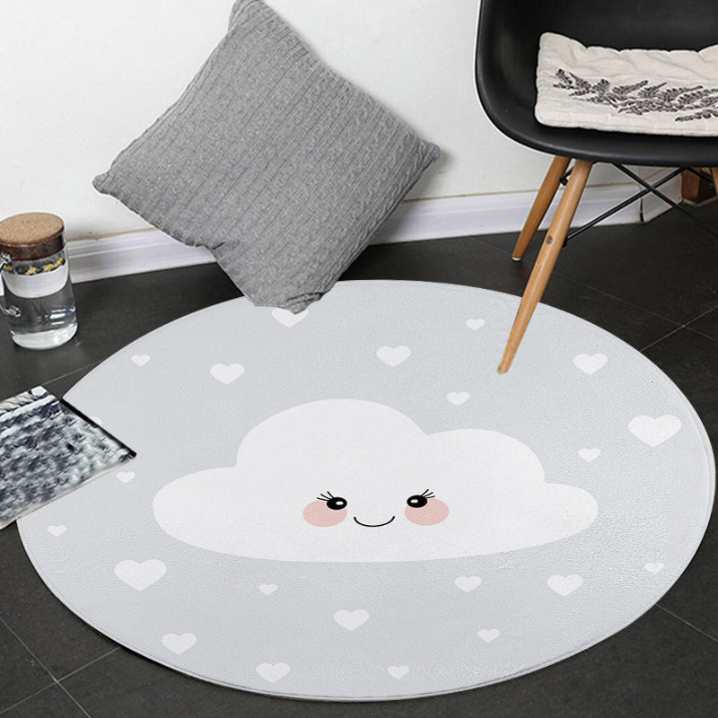Children's Room Rug in Gray Fairy Tale Clouds Heart Print Rug Polyester Stain Resistant Non-Slip Area Rug