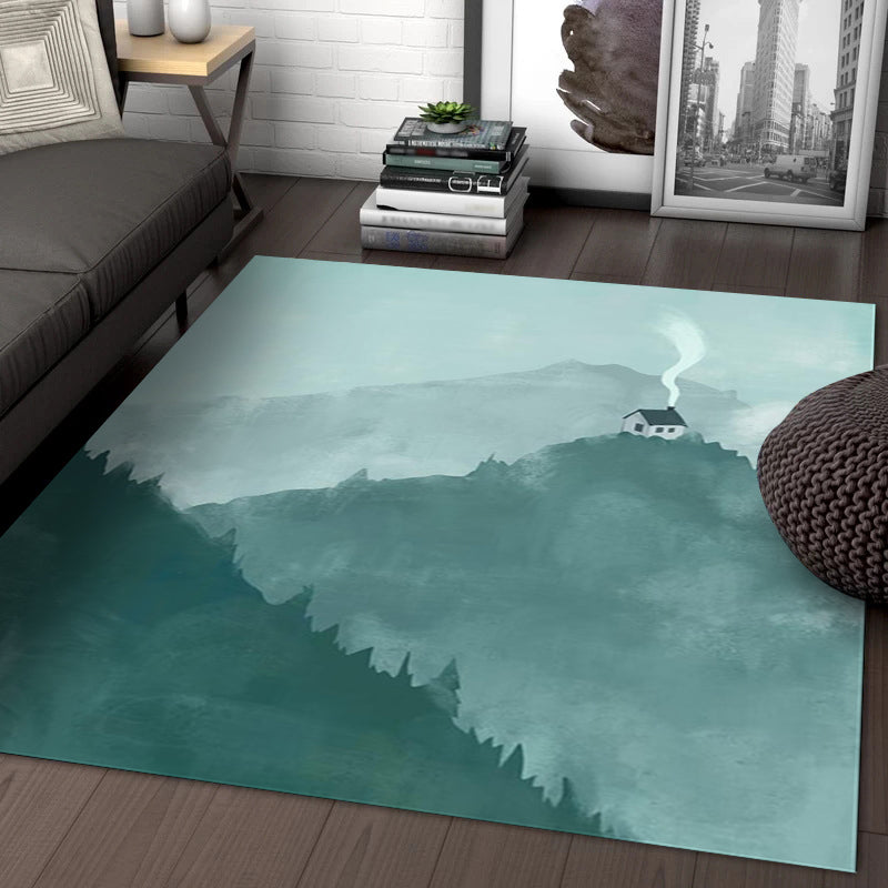 Large Bedroom Rug Modern Geography Mountain House Pattern Rug Polyester Anti-Slip Back Rug