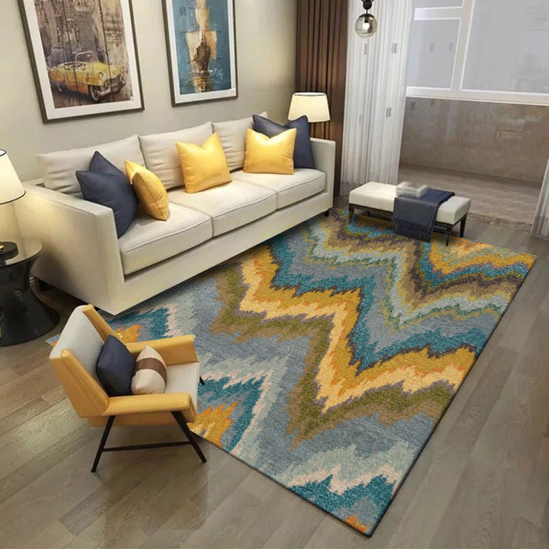 Minimalist modern rug in yellow and blue with abstract wave pattern rug polyester non-slip rug for home decor