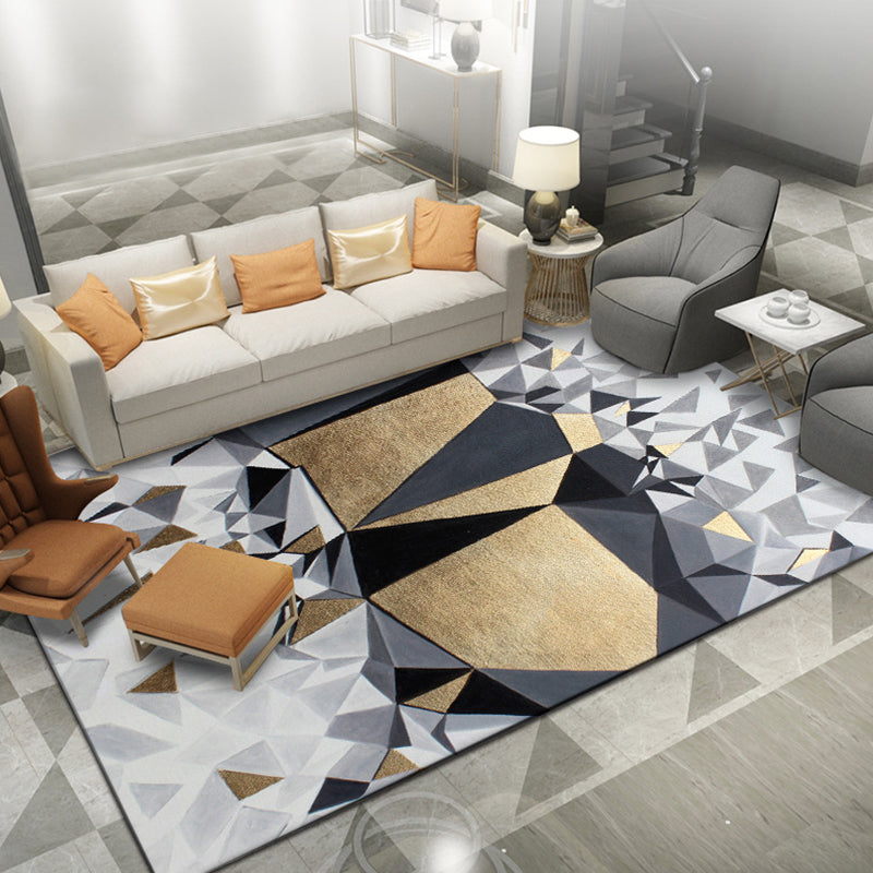 Novelty Living Room Rug in Gray and Gold Geometric Irregular Shape Printed Rug Polyester Non-Slip Washable Rug