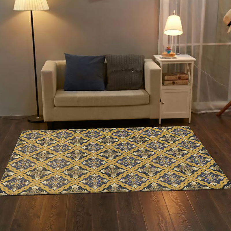 Moroccan Living Room Carpet in Yellow Flower Ring Print Carpet Polyester Pet Friendly Non-Slip Area Rug