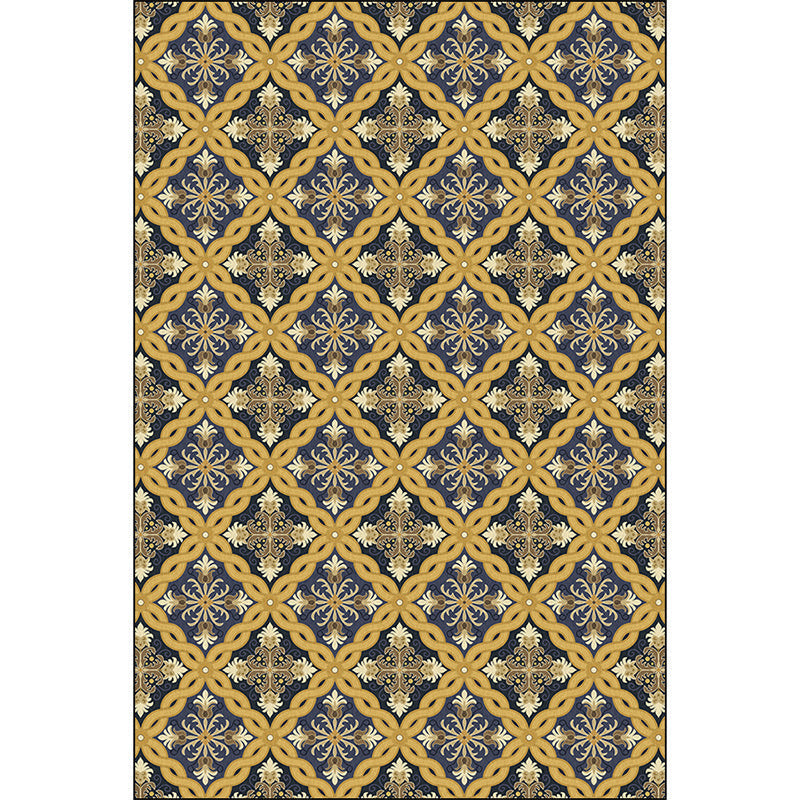 Moroccan Living Room Carpet in Yellow Flower Ring Print Carpet Polyester Pet Friendly Non-Slip Area Rug