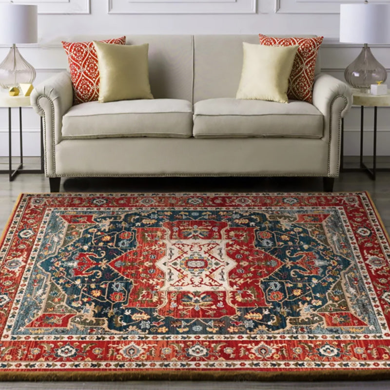 Oriental Moroccan carpet in blue and red medallion floral pattern carpet polyester washable rug for home decor