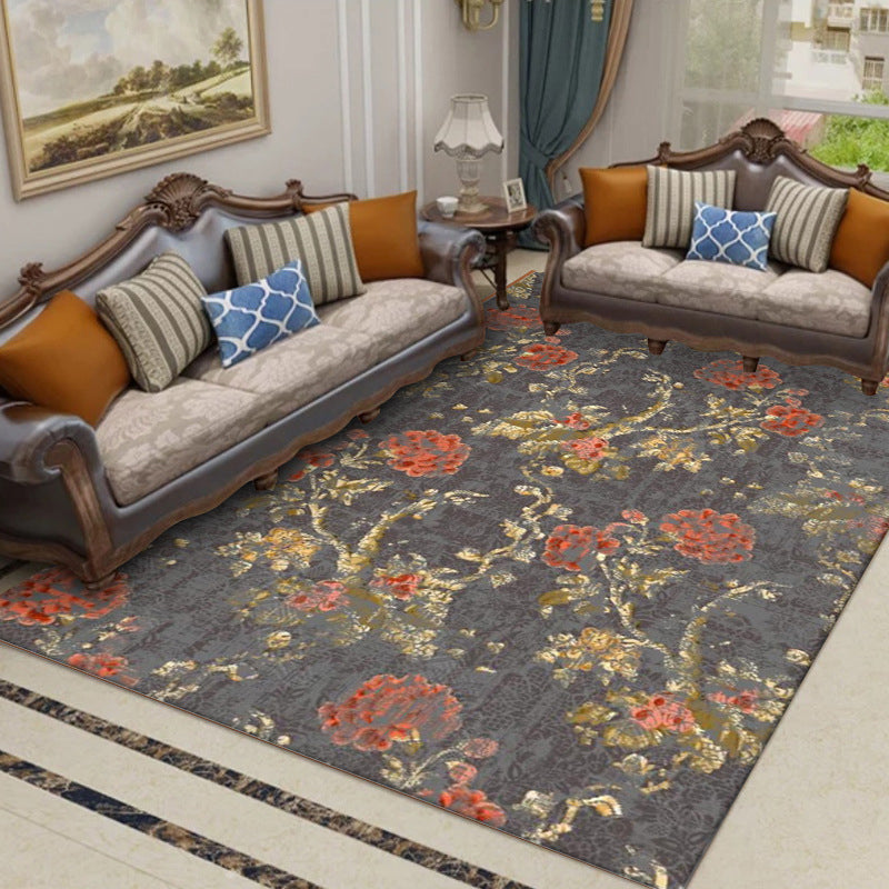 Dark Gray Vintage Carpet Polyester Flower and Leaf Pattern Carpet Washable Non-Slip Back Carpet for Living Room