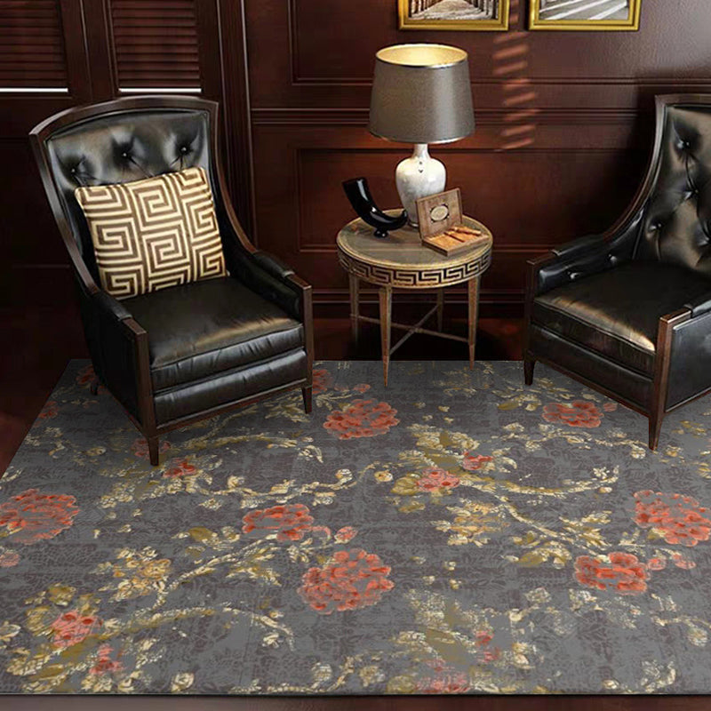 Dark Gray Vintage Carpet Polyester Flower and Leaf Pattern Carpet Washable Non-Slip Back Carpet for Living Room
