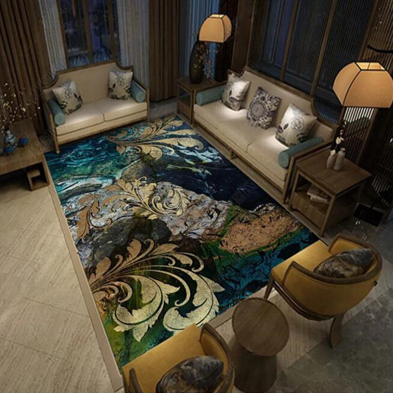 Blue and gold vintage carpet polyester paisley pattern carpet washable non-slip backing carpet for living room