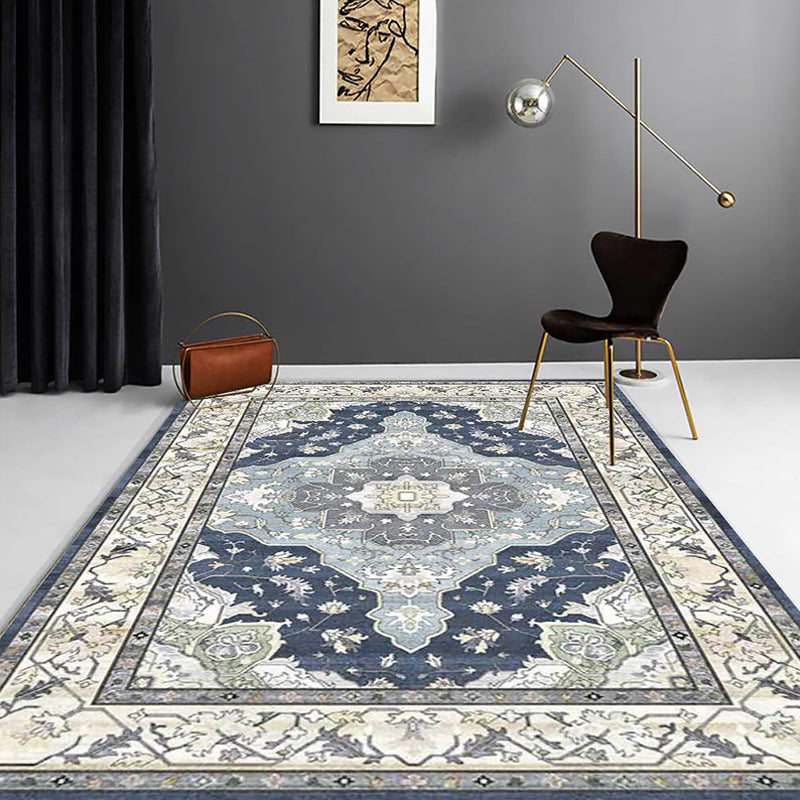 Moroccan Living Room Rug in Blue Medallion Floral Pattern Rug Polyester Stain Resistant Non-Slip Area Rug