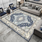 Moroccan Living Room Rug in Blue Medallion Floral Pattern Rug Polyester Stain Resistant Non-Slip Area Rug