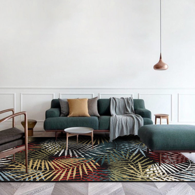 Black Bedroom Carpet Vintage Botanical Leaf Pattern Area Rug Polyester Pet-Friendly Washable Rug