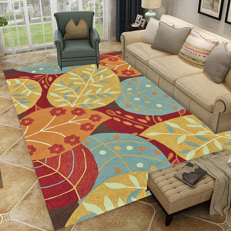Red and Yellow Bedroom Carpet Vintage Botanical Leaf Pattern Carpet Polyester Anti-Slip Backing Carpet