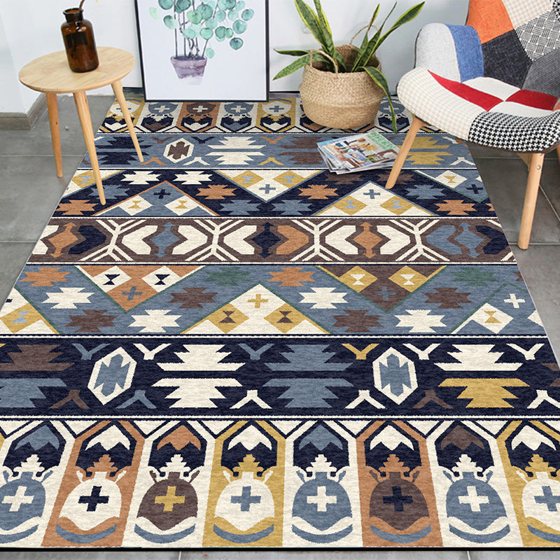 Southwestern living room rug in blue tribal print rug polyester stain-resistant non-slip area rug