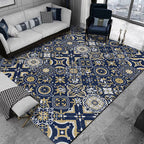 Blue Bedroom Rug Moroccan Flower Square Pattern Rug Polyester Non-Slip Back Rug