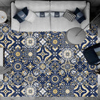 Blue Bedroom Rug Moroccan Flower Square Pattern Rug Polyester Non-Slip Back Rug
