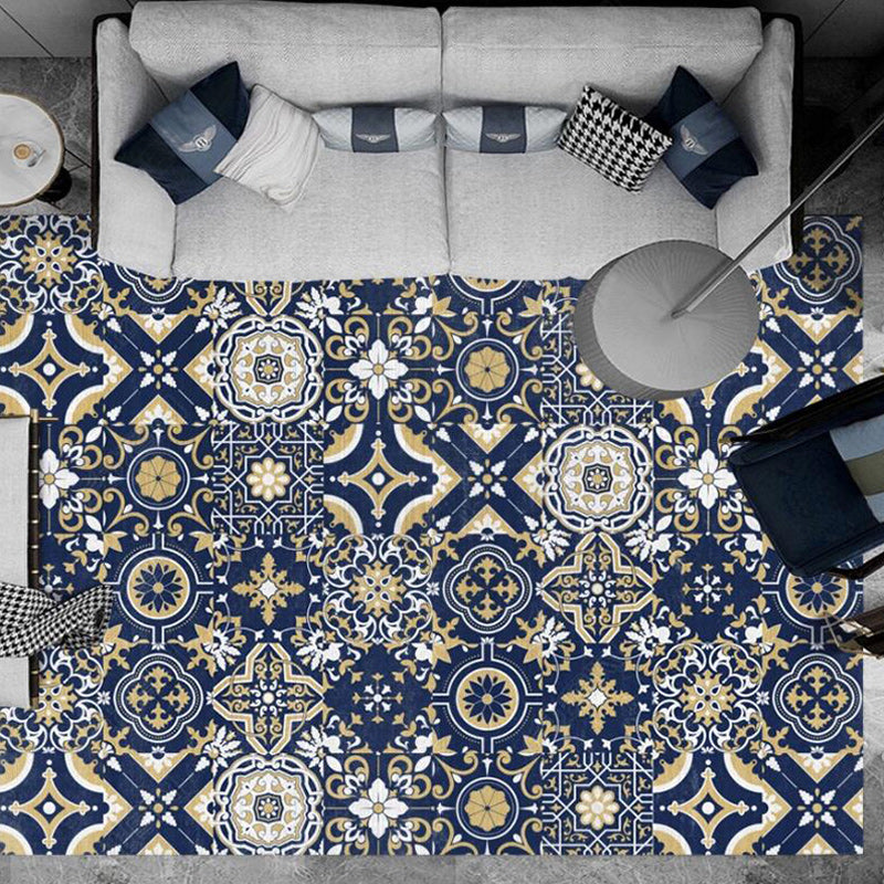 Blue Bedroom Rug Moroccan Flower Square Pattern Rug Polyester Non-Slip Back Rug